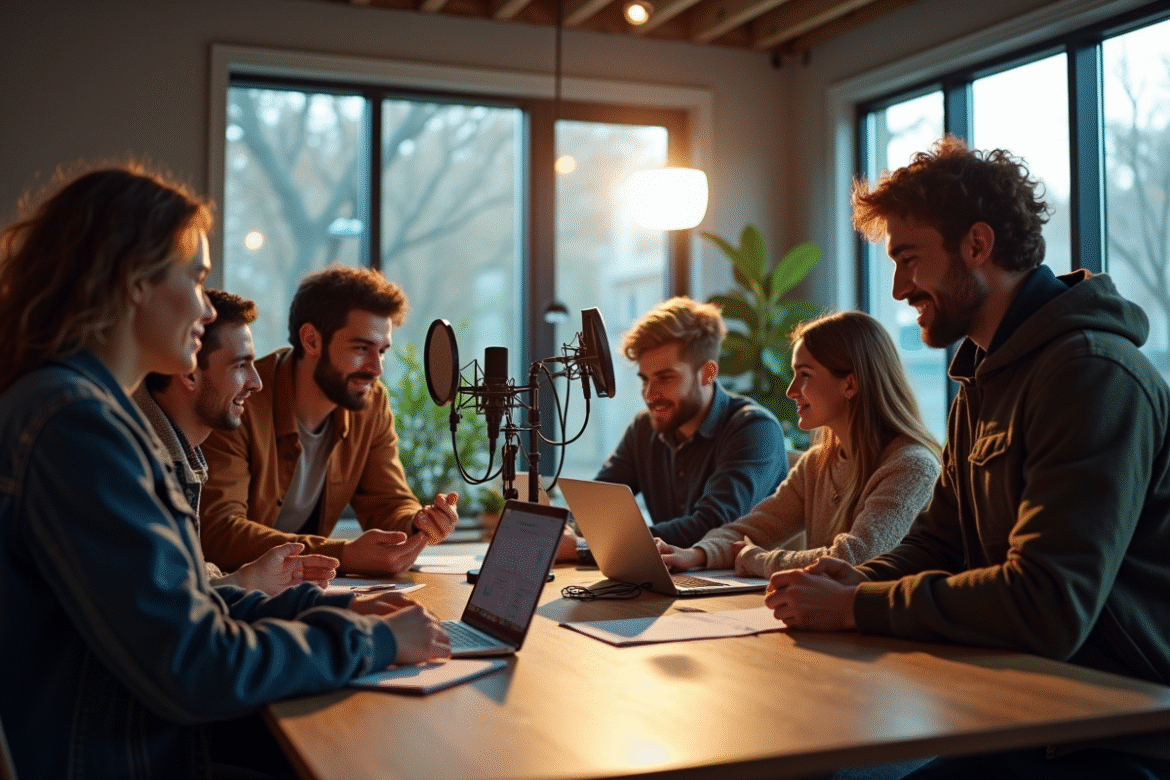 Groupe de jeunes créateurs français dans un studio moderne