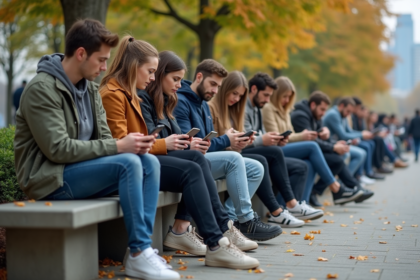 Groupe de millennials dans un parc urbain regardant leurs smartphones