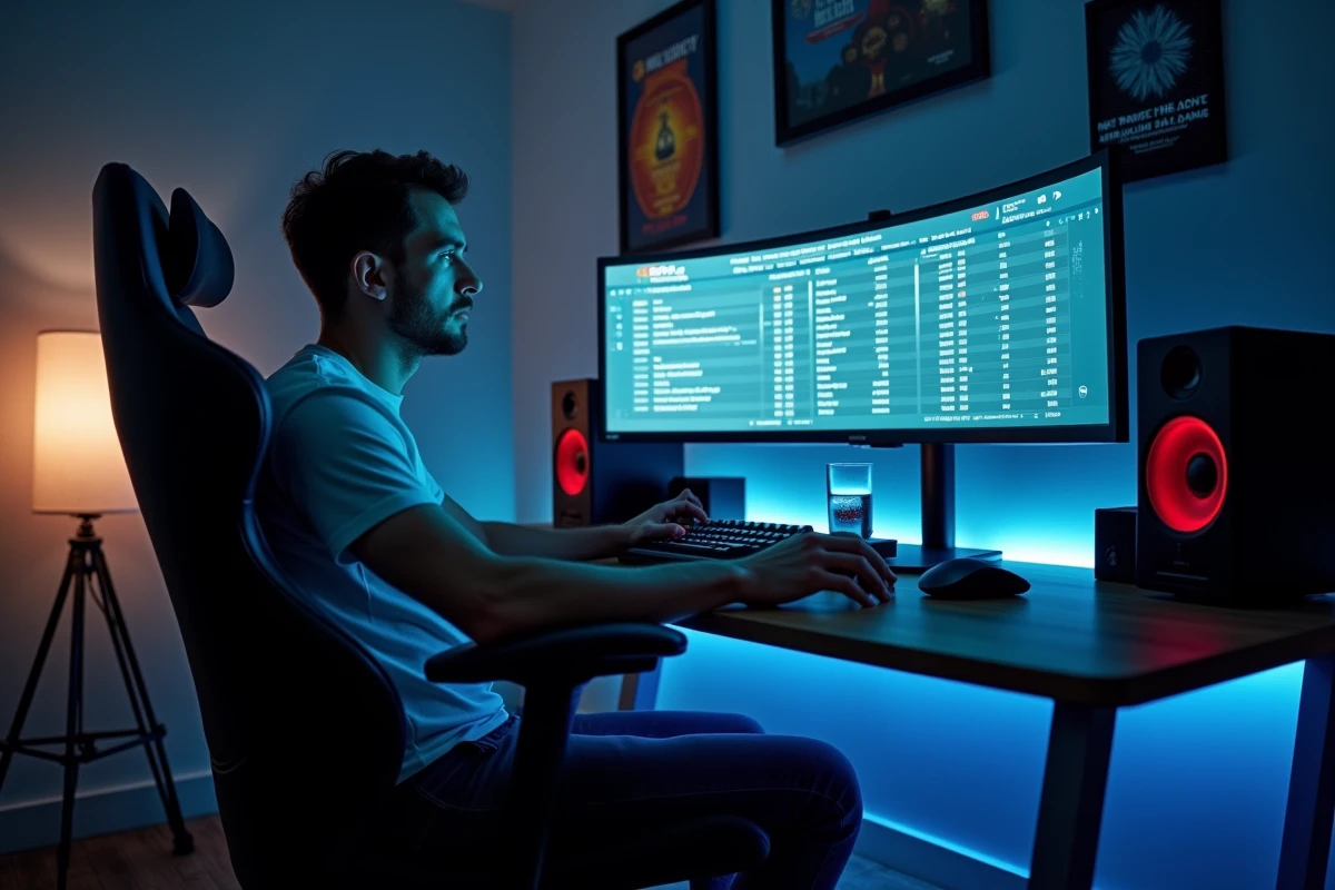 Joueur en ligne examinant l'historique de ses résultats sur une plateforme de casino depuis une salle de jeu équipée