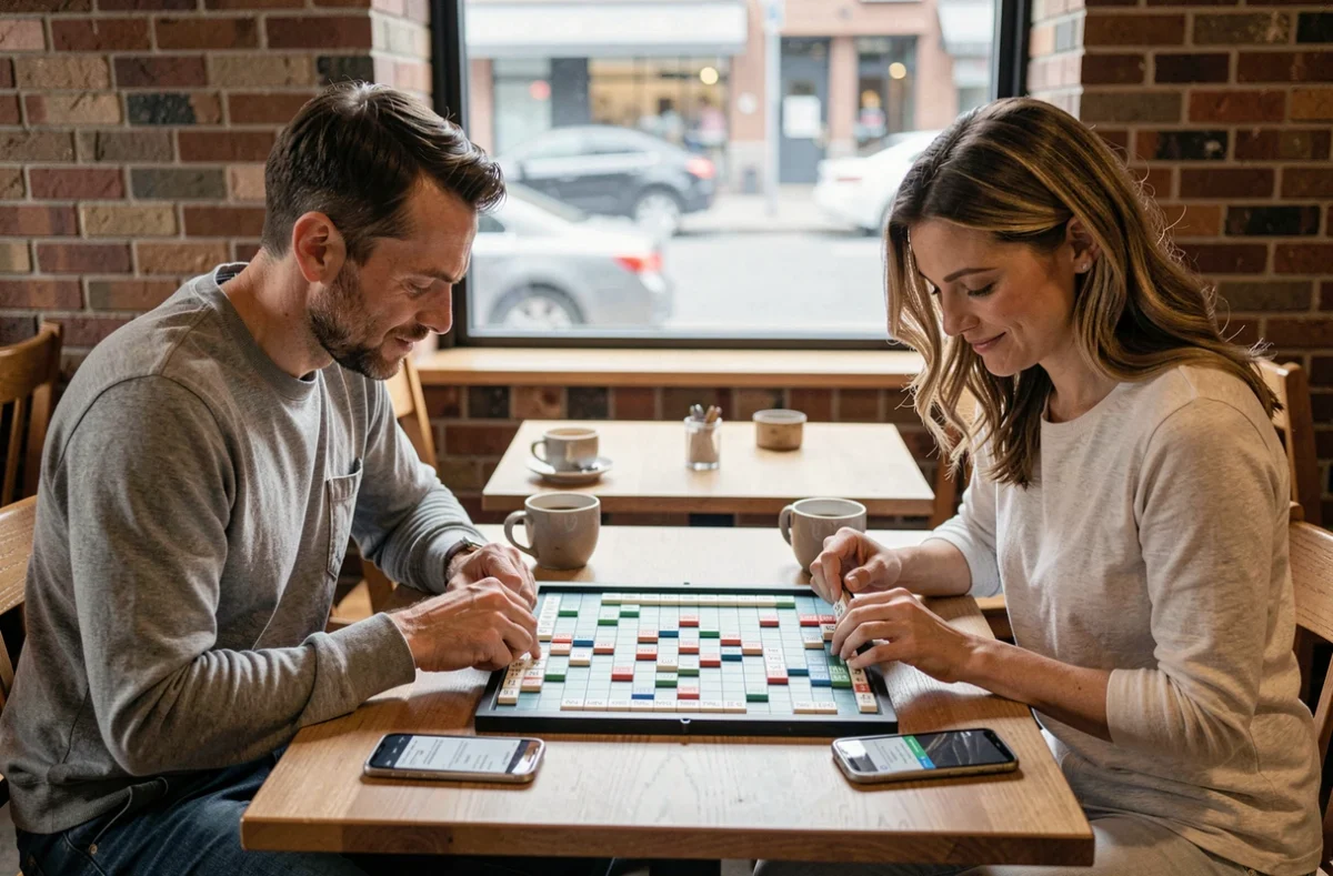 Deux joueurs adultes en train de jouer au Scrabble dans un café, l'un consultant discrètement une application solveur sur smartphone