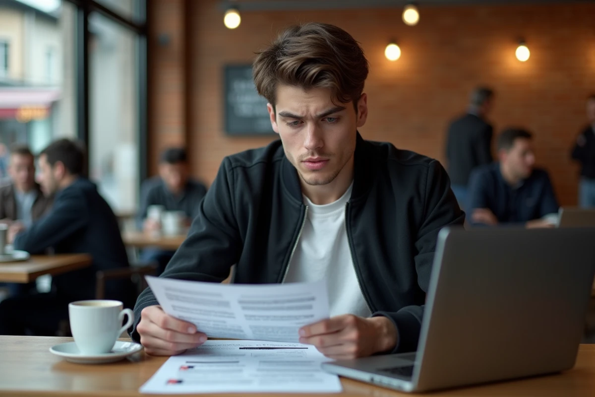 Journaliste examinant des documents confidentiels liés à une fuite médiatique dans un café parisien
