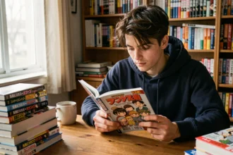 Jeune homme lisant un manga Demon Slayer assis à son bureau entouré de volumes empilés