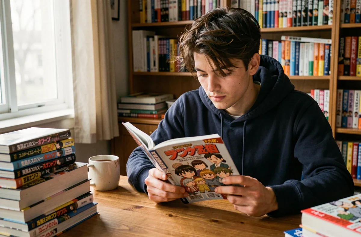 Jeune homme lisant un manga Demon Slayer assis à son bureau entouré de volumes empilés