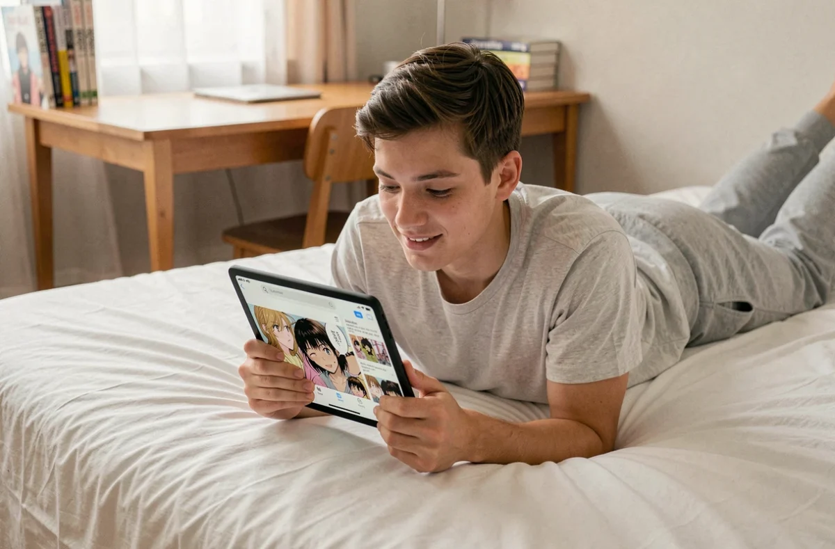 Jeune personne lisant des mangas sur tablette allongée sur son lit avec Manga orogine