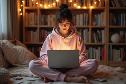 Jeune femme lisant un scan yaoi sur un ordinateur portable dans une chambre cosy remplie de mangas