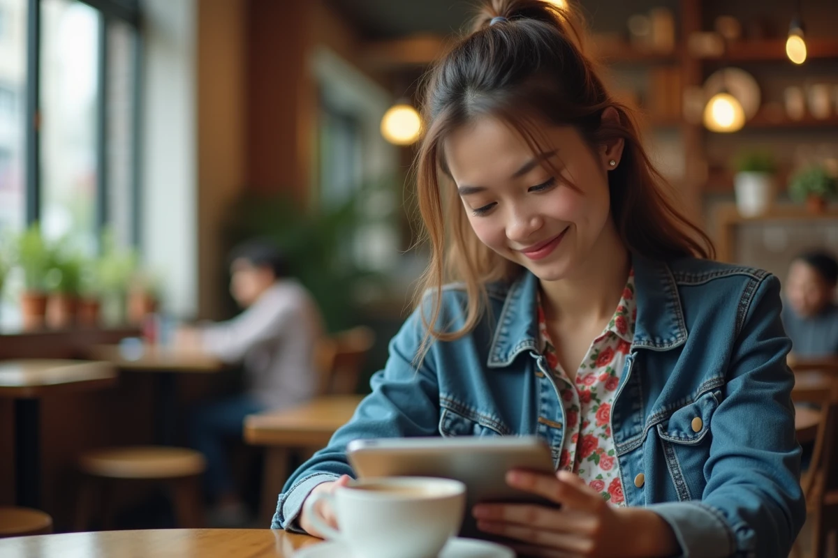 Jeune femme lisant un scan yaoi sur une tablette dans un café urbain avec un café posé devant elle