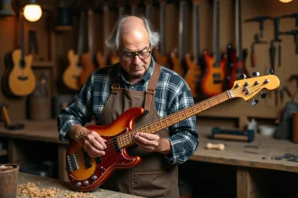 Luthier expérimenté inspectant une basse électrique vintage style Fender 64 dans son atelier de lutherie traditionnel