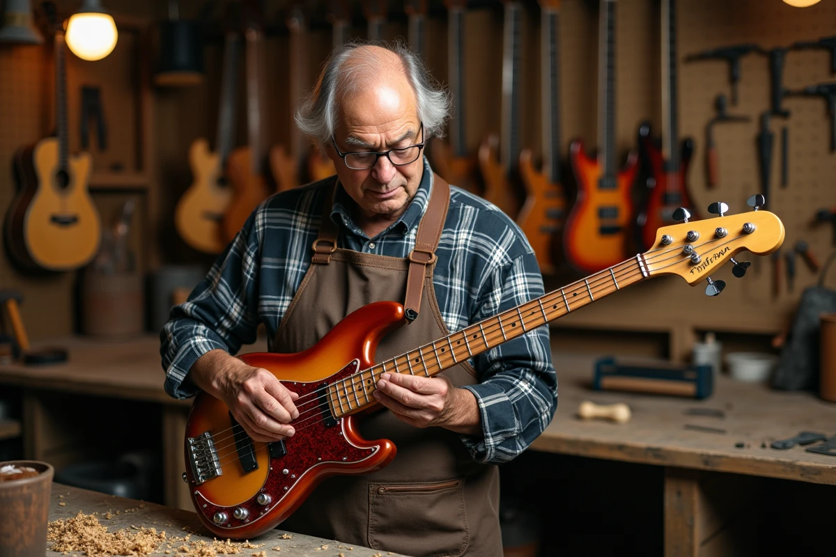 Luthier expérimenté inspectant une basse électrique vintage style Fender 64 dans son atelier de lutherie traditionnel