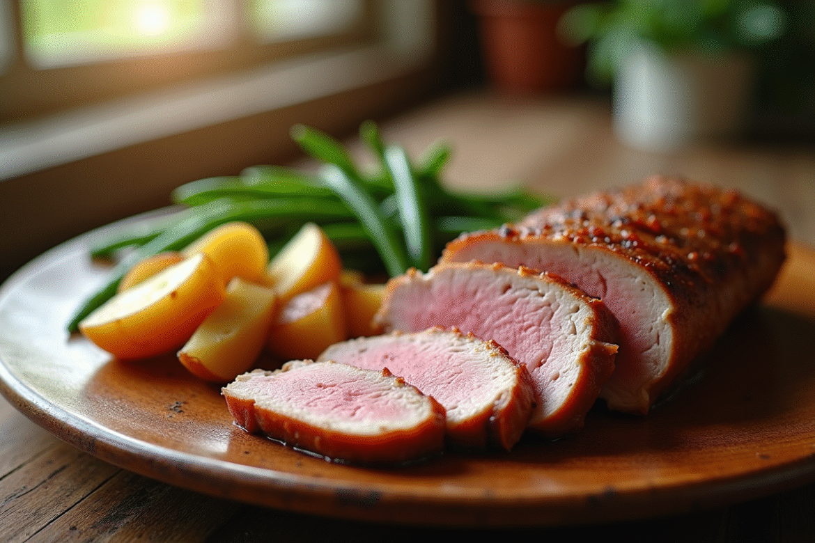 Magret de canard tranché avec pommes de terre rôties