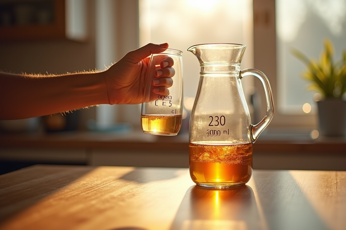 Main tenant un verre marqué 250 cl avec un autre en arrière-plan