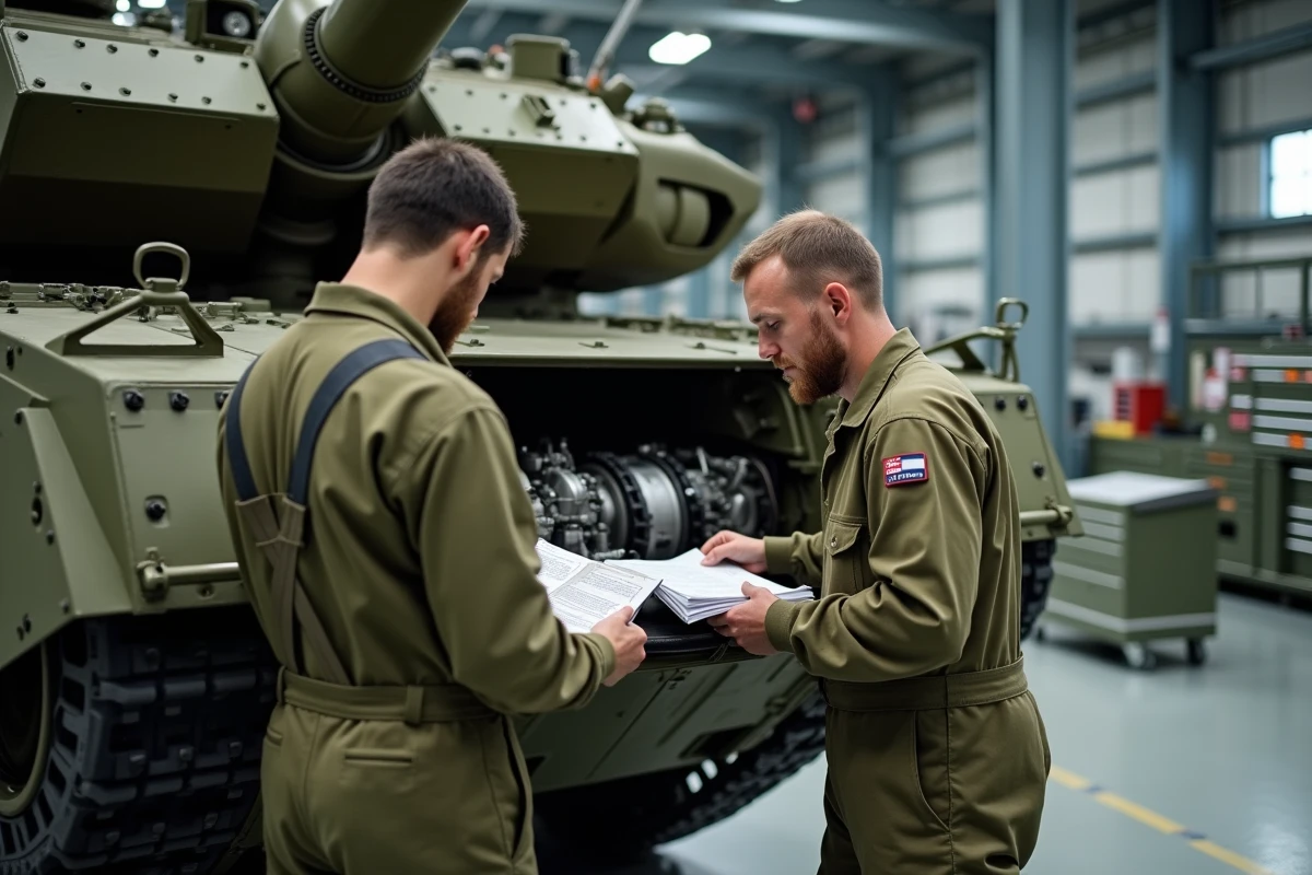 Techniciens militaires effectuant la maintenance du moteur d'un char Leclerc dans un hangar militaire, détails logistiques et équipements de réparation