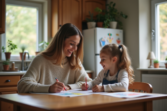 Maman et enfant dessinant à la maison dans une cuisine chaleureuse