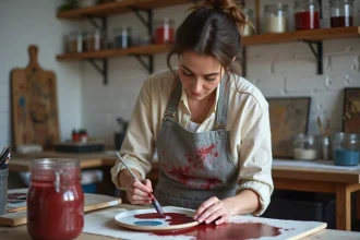 Femme mélangeant des peintures rouge et bleu pour obtenir du bordeaux sur une palette céramique dans un atelier d'artiste