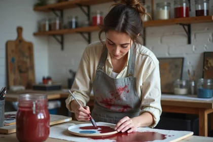 Femme mélangeant des peintures rouge et bleu pour obtenir du bordeaux sur une palette céramique dans un atelier d'artiste