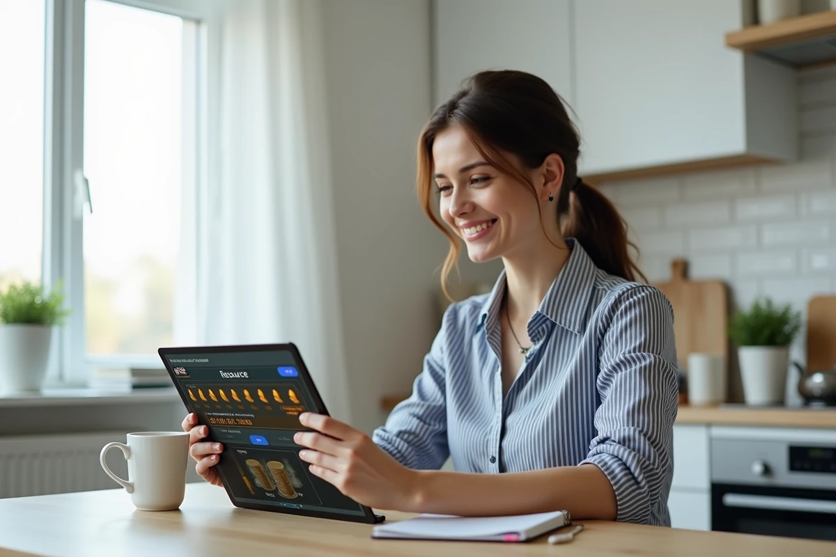 Jeune femme souriante tenant une tablette affichant une interface de gestion de ressources de jeu, représentant les méthodes rapides pour farmer les kamas au Royaume d'Encre
