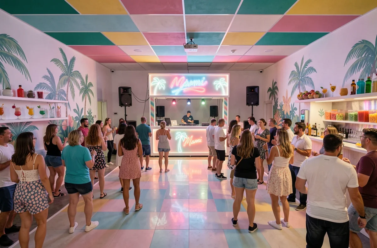 Miami Club, discothèque à Brignais dans le Rhône avec ambiance festive, décor tropical et piste de danse animée