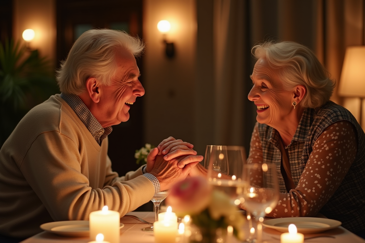 Couple agee souriant lors d un diner intime avec bougies et fleurs