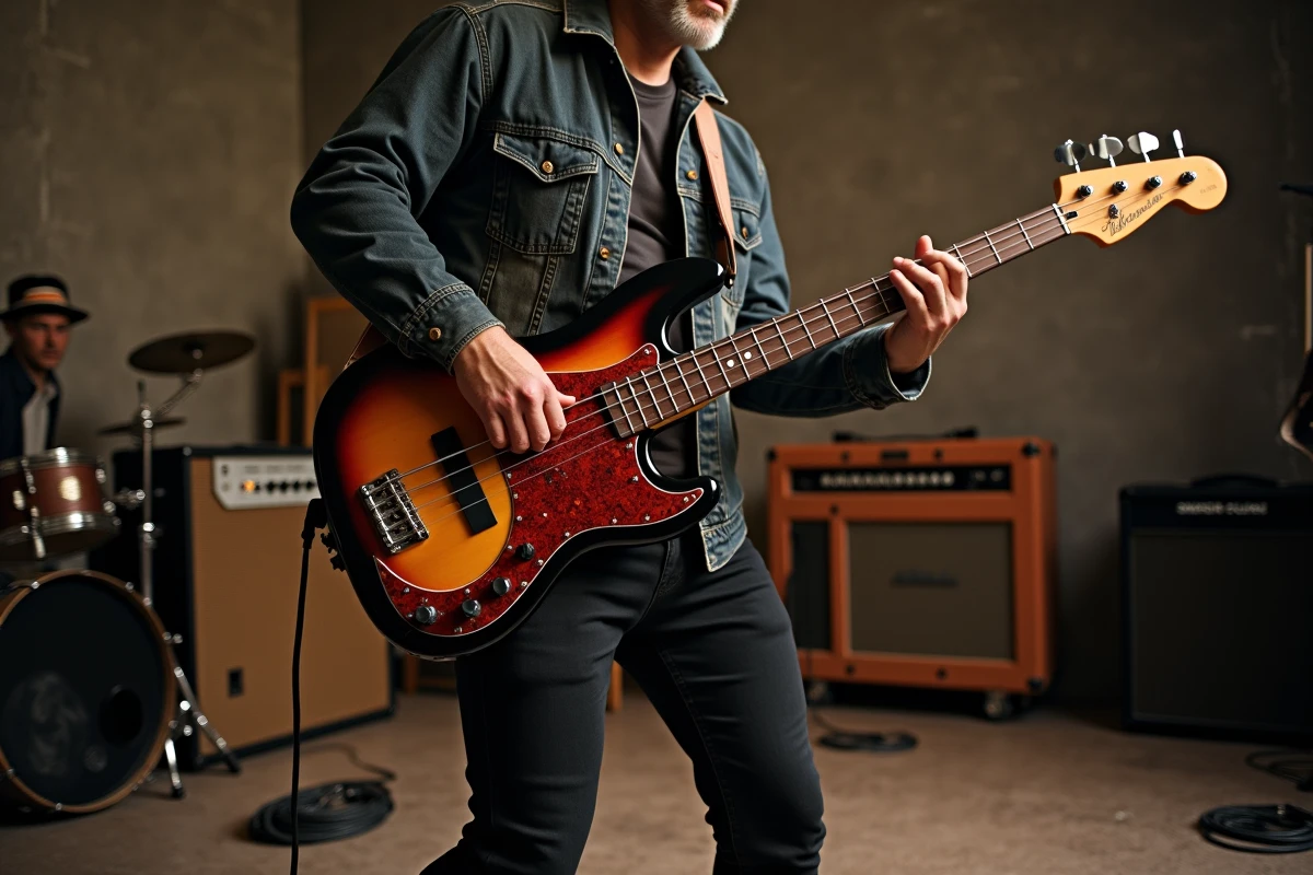 Musicien jouant une basse électrique sunburst style Fender sur une scène de petite salle de concert lors d'une balance