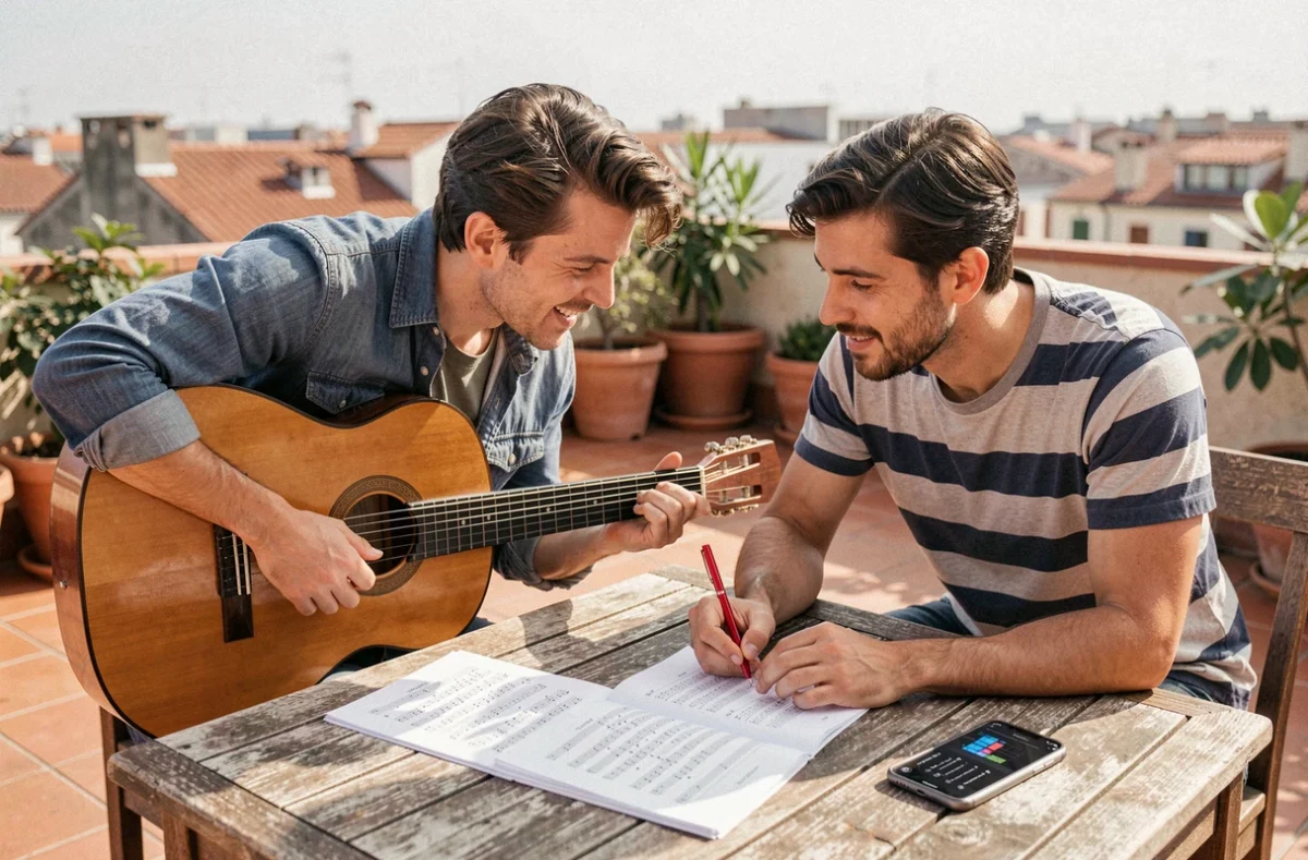 Deux musiciens collaborant en plein air sur une terrasse pour enrichir une grille d'accords avec des variations harmoniques