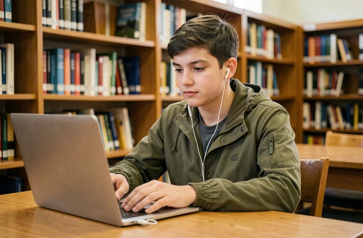 Jeune adulte utilisant un filtre de confidentialité sur son ordinateur dans une bibliothèque calme