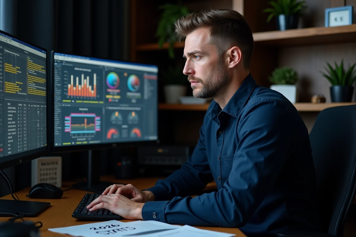 Homme devant un double écran analysant des graphiques de statistiques de jeu et un tableau de bord de personnage, illustrant l'optimisation des gains kamas face à la refonte de stats Q2 2026