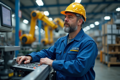Ouvrier industriel avec casque dans un environnement hightech