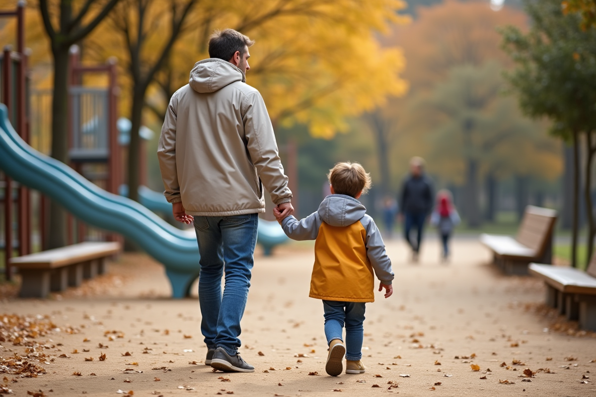 Père et enfant marchant dans un parc en automne