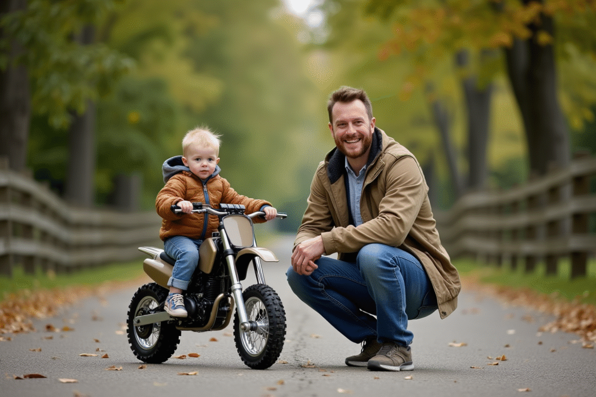 Père souriant avec son fils sur une moto vintage en automne