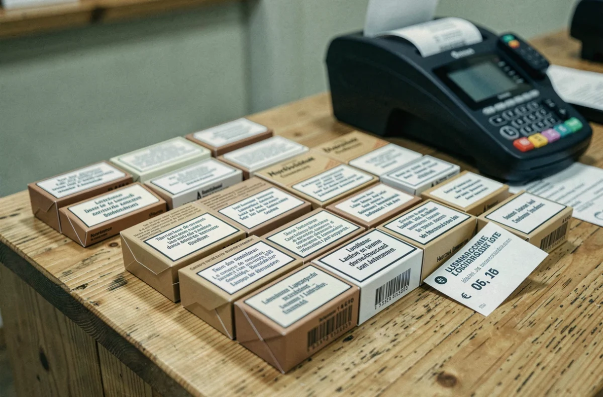 Paquets de cigarettes en vente au Luxembourg avec étiquettes de prix en euros sur comptoir en bois