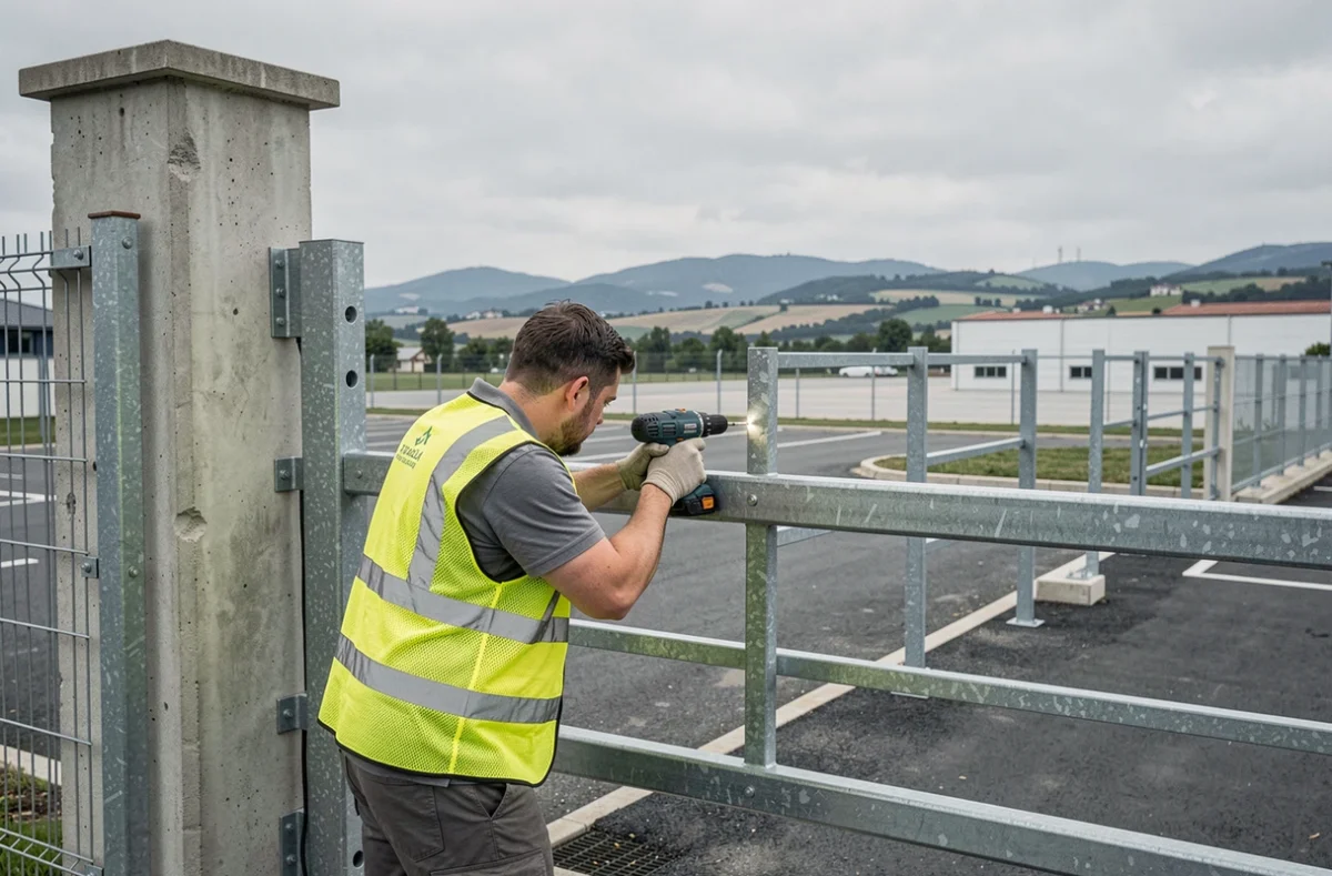 Technicien de la société PASI installant un portail industriel automatisé à l'entrée d'un site commercial dans la Drôme