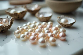 Perles huîtres naturelles de différentes tailles disposées sur du marbre blanc avec des coquilles d'huîtres ouvertes, vue de dessus