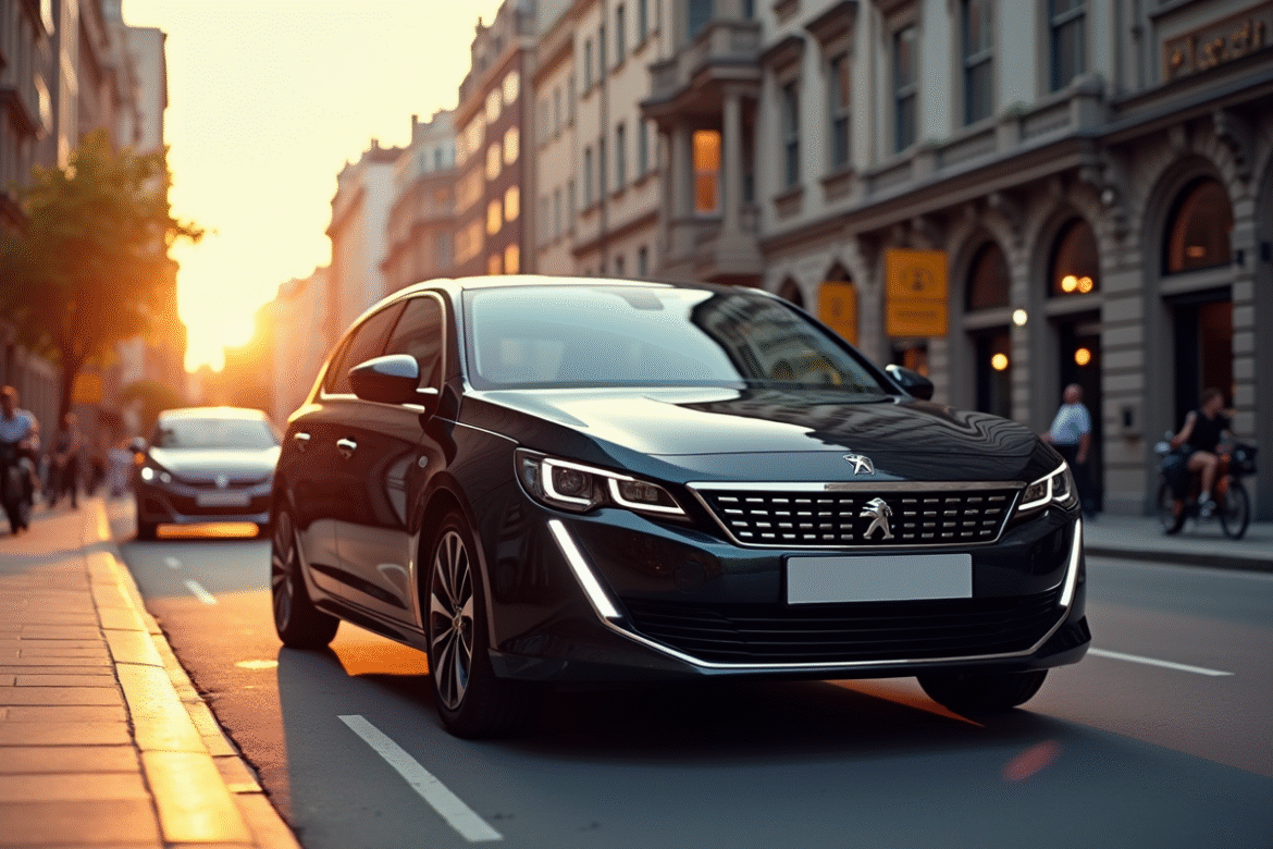 Peugeot 308 2021 en ville lors de l'heure dorée