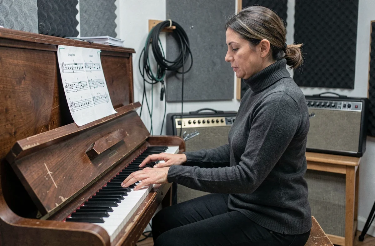 Pianiste en studio travaillant une grille d'accords enrichie avec des variations harmoniques au piano droit