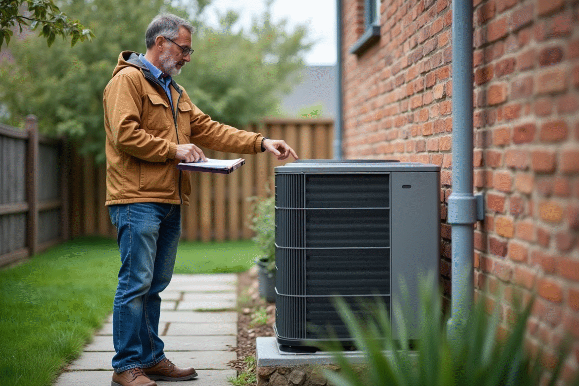 Homme devant une pompe à chaleur extérieure dans son jardin