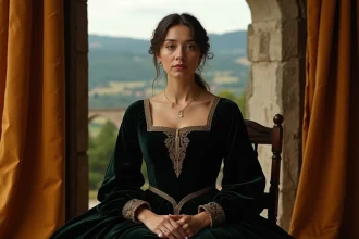 Portrait de femme en robe de velours Renaissance dans une pose trois quarts évoquant les proportions de la Joconde de Léonard de Vinci