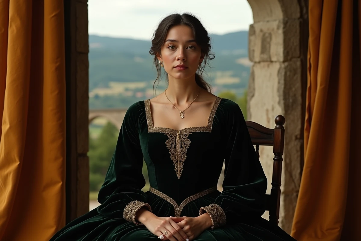 Portrait de femme en robe de velours Renaissance dans une pose trois quarts évoquant les proportions de la Joconde de Léonard de Vinci