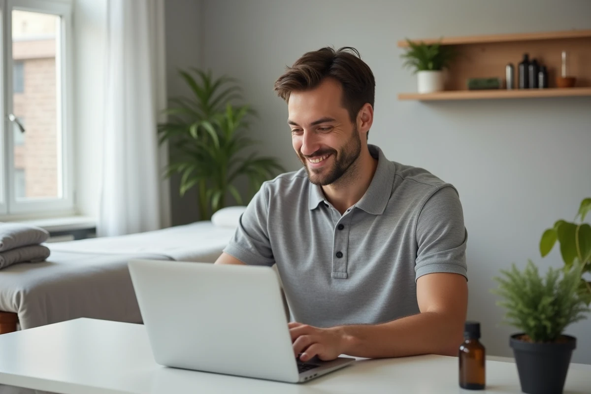 Praticien en massage débutant créant une annonce en ligne depuis son espace de travail professionnel