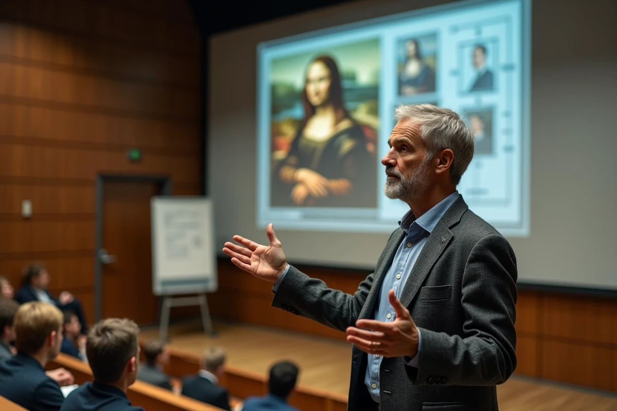 Professeur d'histoire de l'art en amphithéâtre expliquant les proportions et la taille de la Joconde devant une projection universitaire