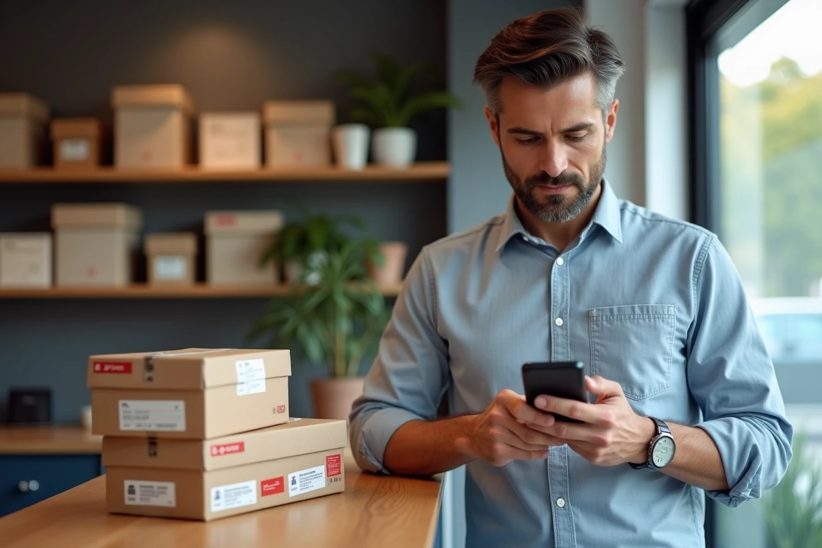 Chef d'entreprise reprogrammant une livraison La Poste via une application mobile depuis son espace professionnel