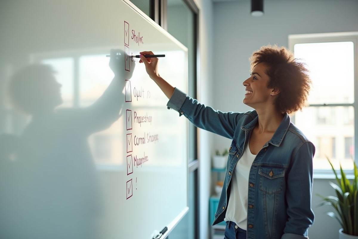 Professionnel souriant en traversant une liste de tâches sur un tableau blanc
