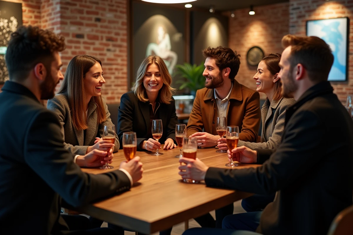 Groupe de professionnels souriants dans un lounge bar à Lille