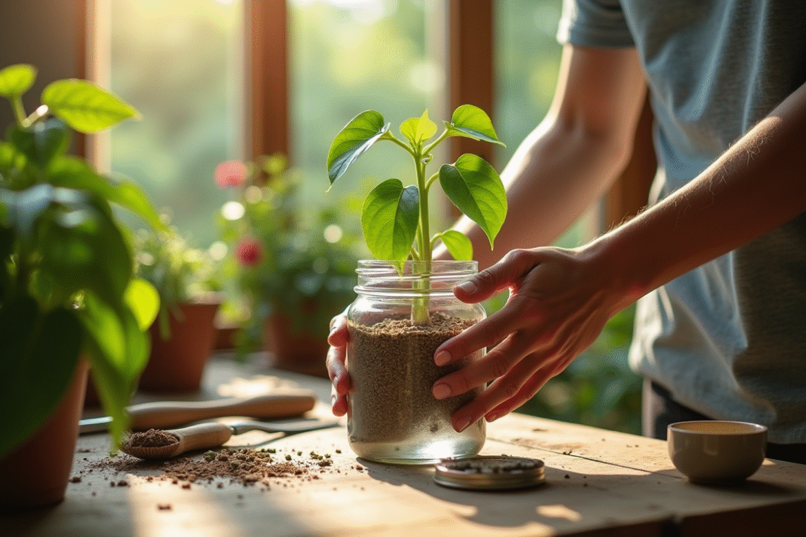 Mains cultivant un pothos dans un bocal en eau en plein jour