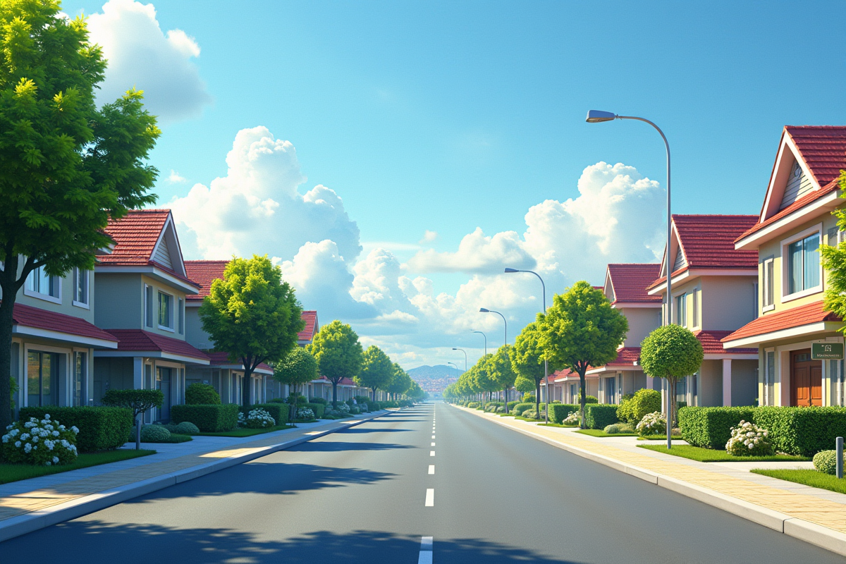 Quartier résidentiel avec maisons et rues arborées