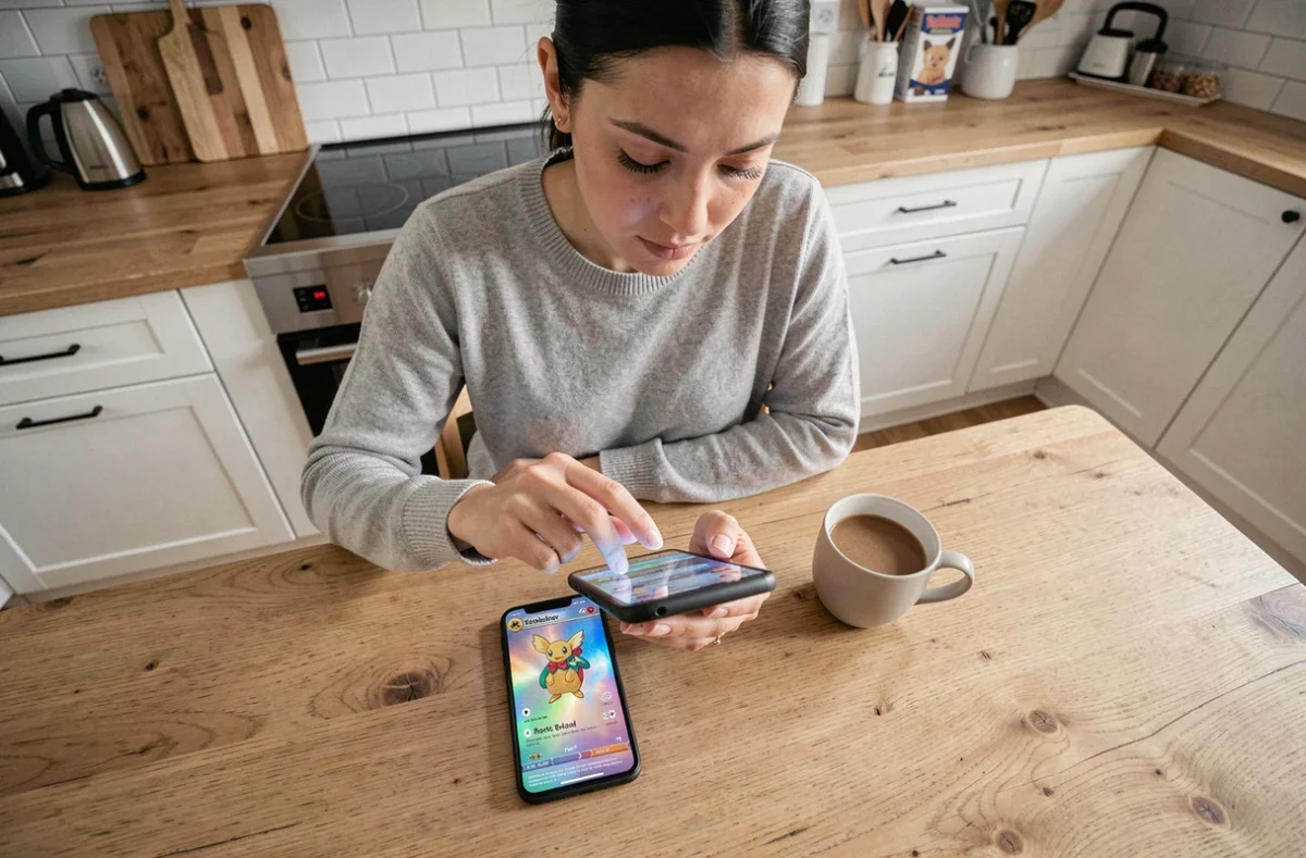 Femme utilisant un smartphone pour rechercher le prix d'une carte Pokémon holographique avant un achat en ligne