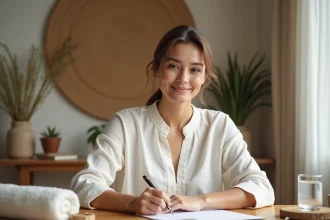 Thérapeute bien-être débutante rédigeant une petite annonce massage à son bureau en bois