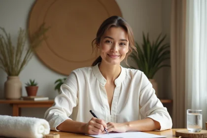 Thérapeute bien-être débutante rédigeant une petite annonce massage à son bureau en bois