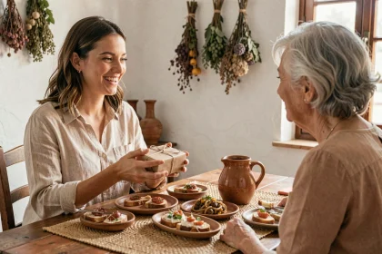 Femme remerciant une hôtesse espagnole avec un cadeau lors d'un repas traditionnel
