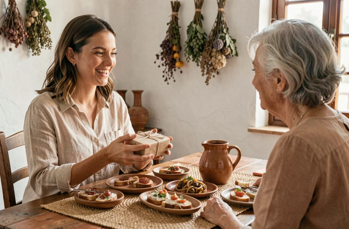 Femme remerciant une hôtesse espagnole avec un cadeau lors d'un repas traditionnel