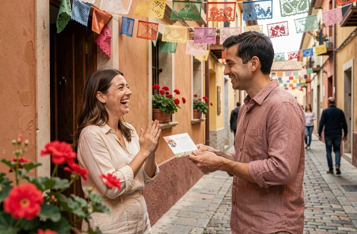Deux amis échangeant des remerciements pour une invitation dans une rue espagnole colorée