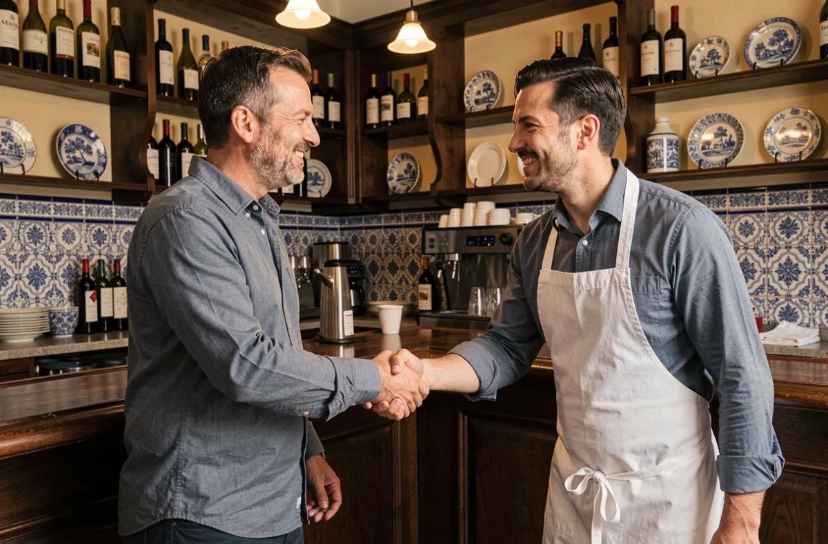Homme remerciant un serveur dans un bar à tapas espagnol traditionnel